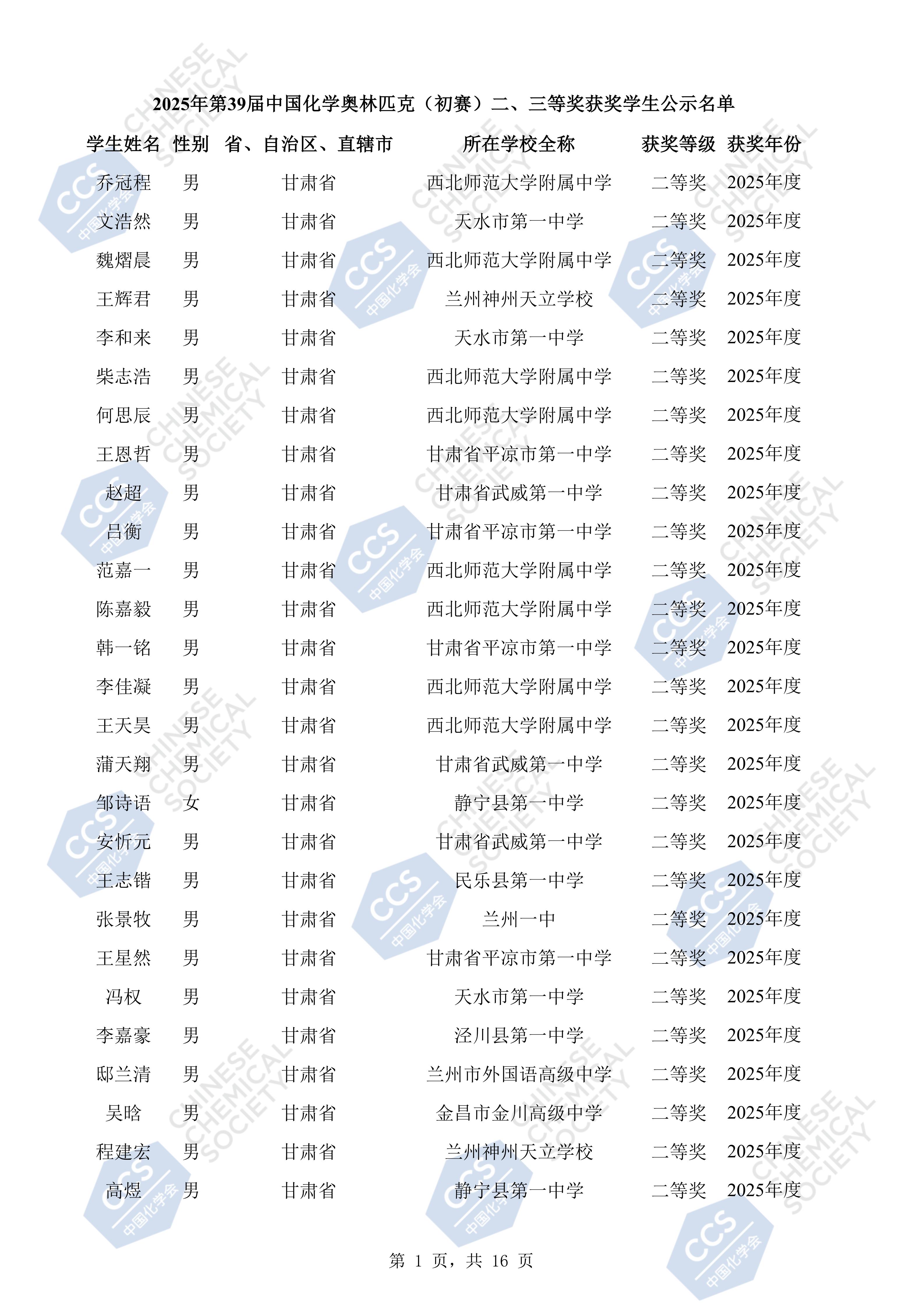 甘肃省2025年全国中学生化学竞赛初赛省二获奖名单出炉